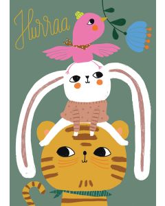 2-osainen kortti Mira Mallius - Hurraa, tiikeri, pupu ja lintu