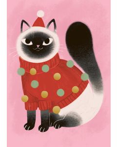 Joulukortti Kaisu Sandberg - Kissa punaisessa villapaidassa