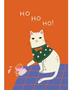 Joulukortti Kaisu Sandberg - "Ho ho ho!" Kissa kaataa glögin