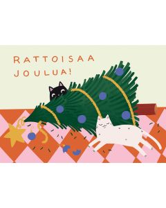 Joulukortti Kaisu Sandberg - "Rattoisaa joulua" kissat ja kaatunut joulukuusi