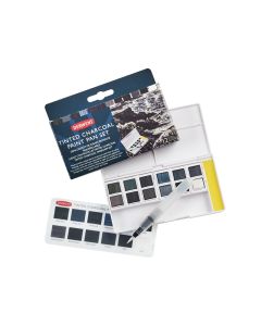 Derwent Tinted Charcoal Paint Pan Set, säiliösivellin ja 12 värinappia