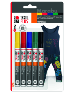 Marabu Tekstiilitussi PLUS Basic 5-lajitelma 3mm, kelt, pun, sin, vihr, musta