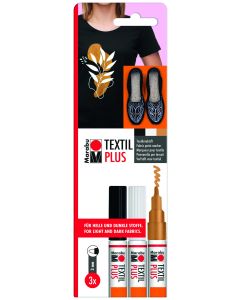 Marabu Tekstiilitussi PLUS Favourite 3-lajitelma 3, musta, valk, metallic kulta