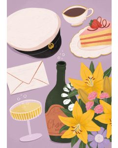 2-osainen kortti Kaisu Sandberg - Yo-lakki, kakkupala ja kukat