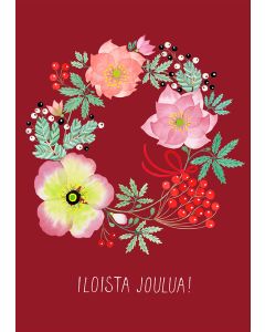 2-osainen joulukortti Anna Emilia - Iloista joulua!, kranssi punaisella pohjalla