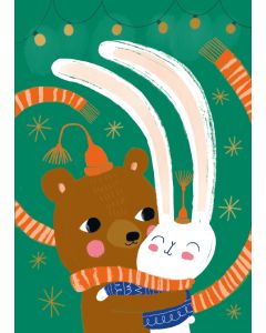 2-osainen joulukortti Mira Mallius - Nalle ja pupu, jouluhali