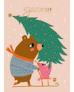 2-osainen joulukortti Mira Mallius - Jouluiloa! Nalle ja lintu potkukelkkailee