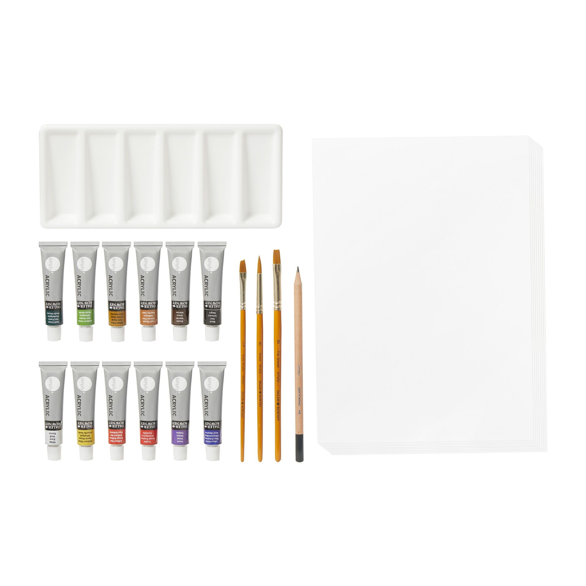 DR Simply Acrylic Set 25 pcs, 12 x akryylituubia 3 sivellintä kynä A4 paperiax 8