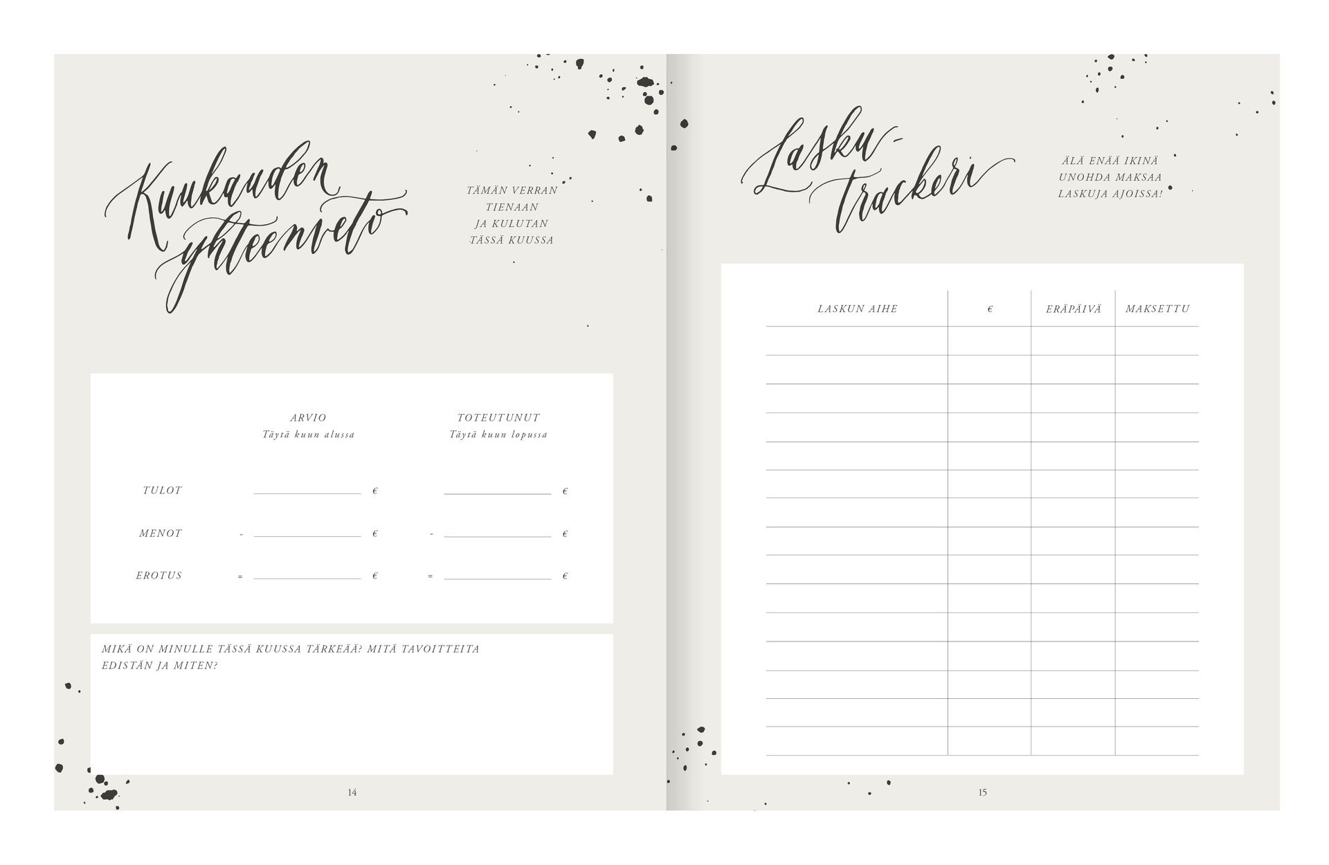 Budjettipäiväkirja Kalligrafiastudio - Hyvän  päivän varalle