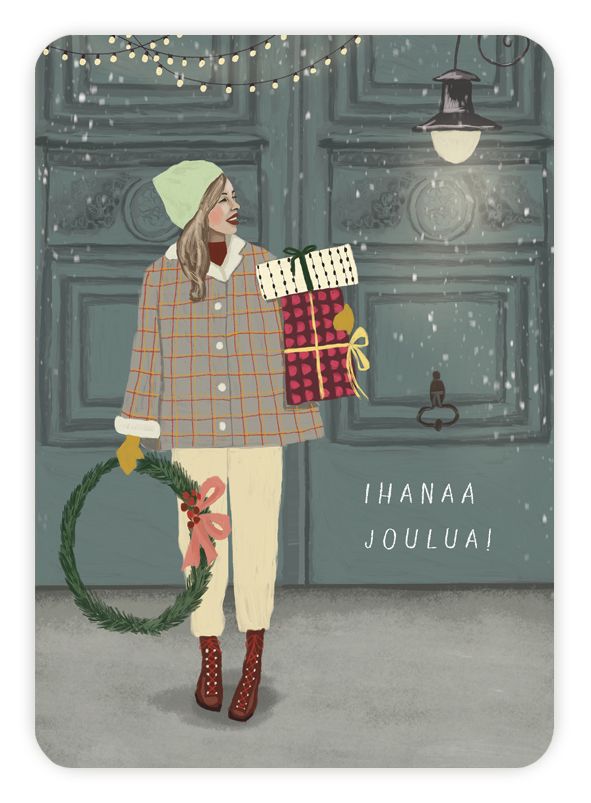 Joulukortti Johanna Ilander - "ihanaa joulua!" Joulukranssi kädessään