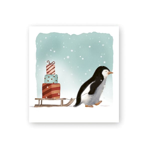 Pakettikortti joulu Henna Adel - Pingviini ja lahjakelkka