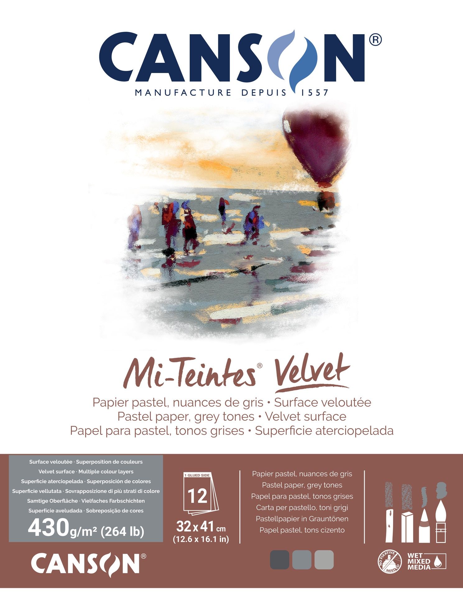 Canson Mi-Teintes Velvet 430g 32x41cm 12L Grey, samettipintainen lehtiö