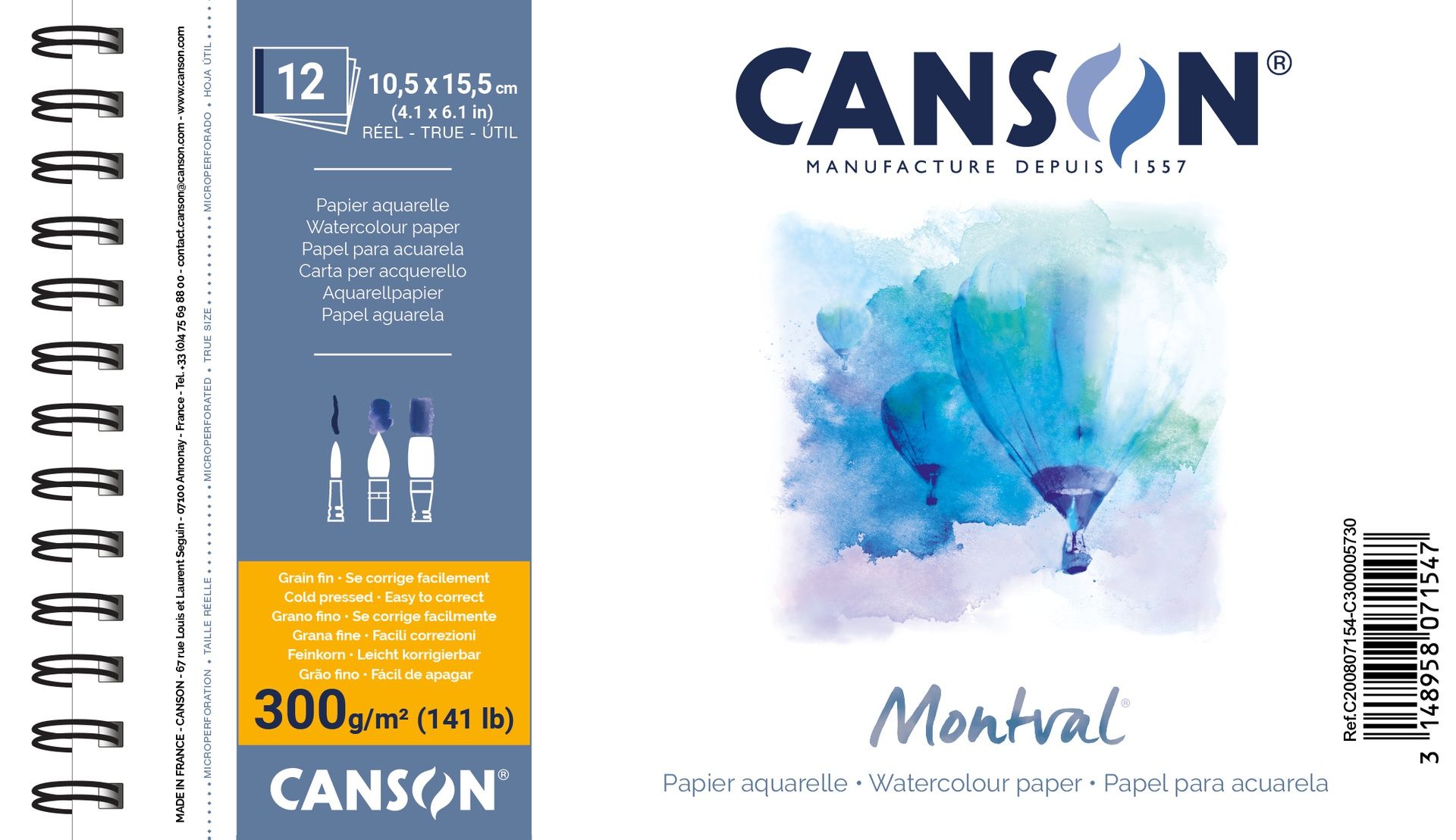 Canson Montval 300 g 10,5x15,5 Kierre (12) PK, akvarellilehtiö ColdPressed