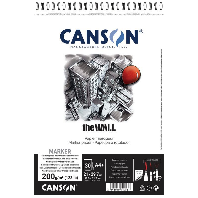 Canson The WALL 220g A4+ (21x31,4cm) bleedproof, tussipaperilehtiö kierre perf. happovapaa 30 ark