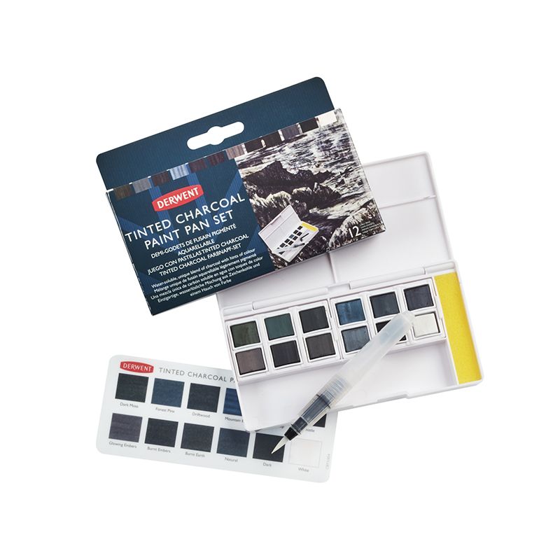 Derwent Tinted Charcoal Paint Pan Set, säiliösivellin ja 12 värinappia