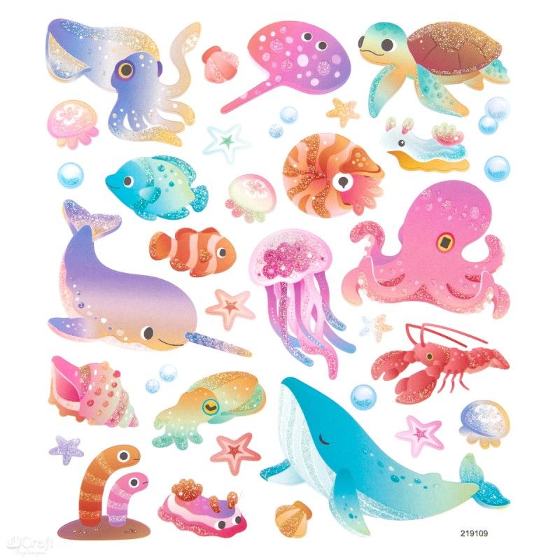 DPC tarra-arkki 15x17cm SEA ANIMALS 34 kpl glitter
