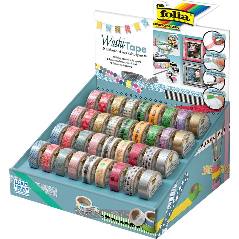 FOLIA Washi-teipit 15mmx5m lajitelma, 4x9 kuosia kartonkisessa telineessä