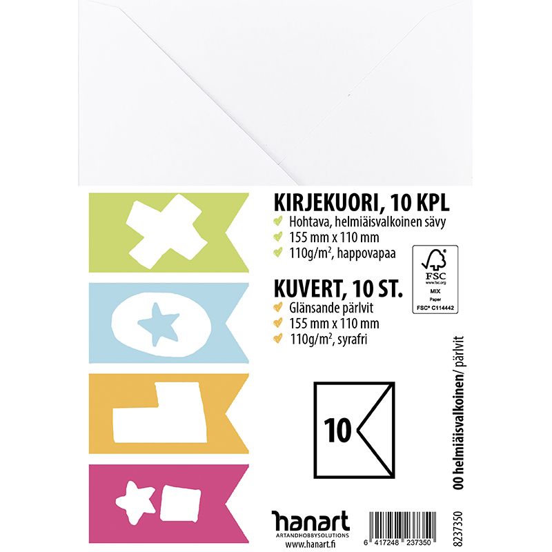 ILOX Kirjekuori 11x15,5cm 10kpl helmiäisvalkoinen, FSC Piikkipakkaus