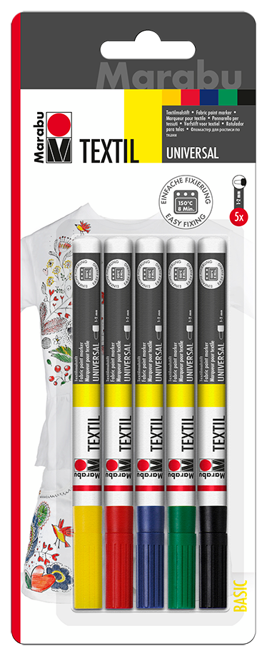 Marabu Tekstiilitussi Basic 5-lajitelma 1-2mm, kelt, pun, sin, vihr, musta