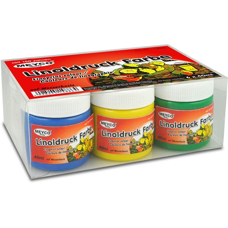 MEYCO Linovärilajitelma 6x40ml, sin, kelt, pun, vihreä, musta, valk.