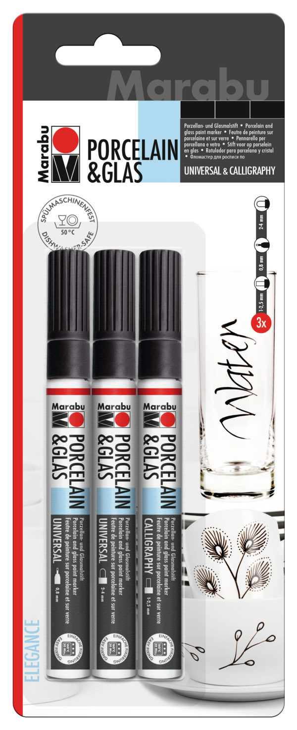 Marabu Posliini- ja lasitussi 3 kokoa Elegance mustat