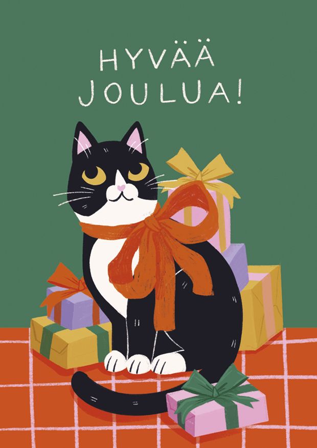 Joulukortti Kaisu Sandberg - Helvi-kissa rusetti kaulassa, Hyvää joulua!