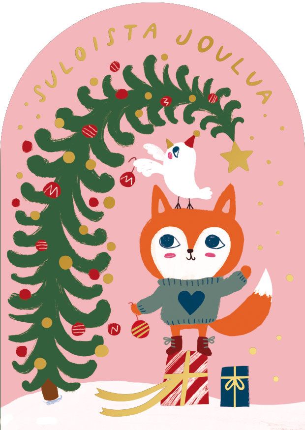 2-osainen joulukortti Mira Mallius - Kettu ja lintu, Suloista joulua