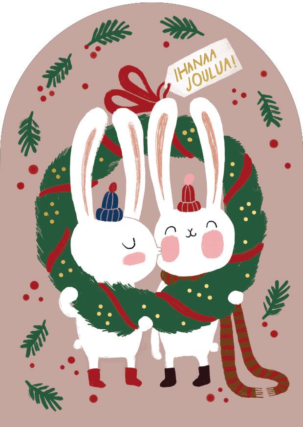 2-osainen joulukortti Mira Mallius - Puput ja kranssi, Ihanaa joulua!