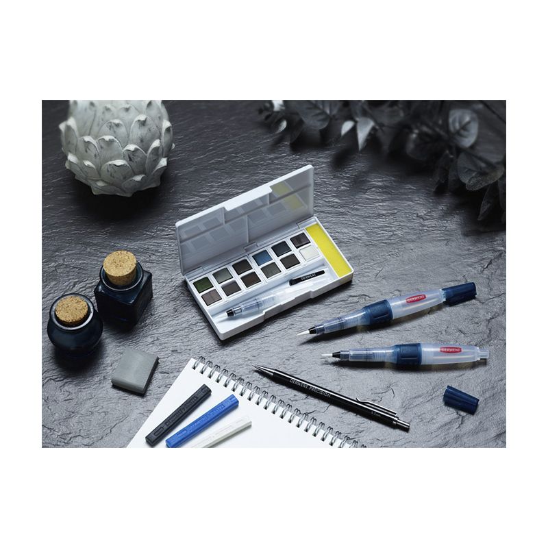 Derwent Tinted Charcoal Paint Pan Set, säiliösivellin ja 12 värinappia