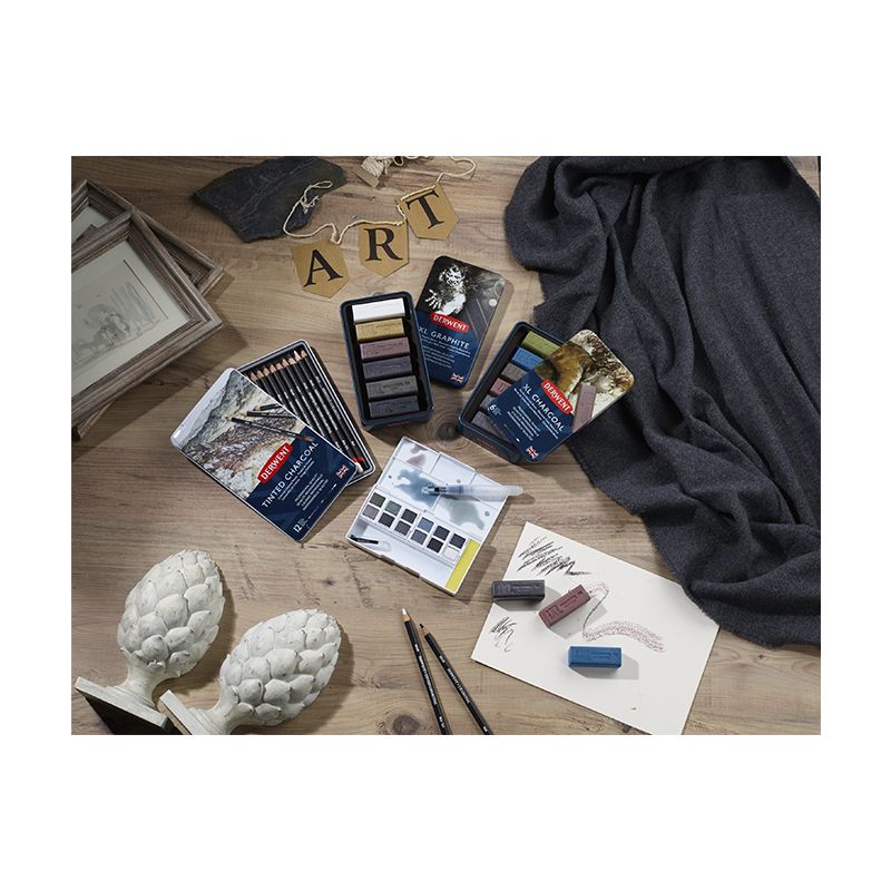 Derwent Tinted Charcoal Paint Pan Set, säiliösivellin ja 12 värinappia
