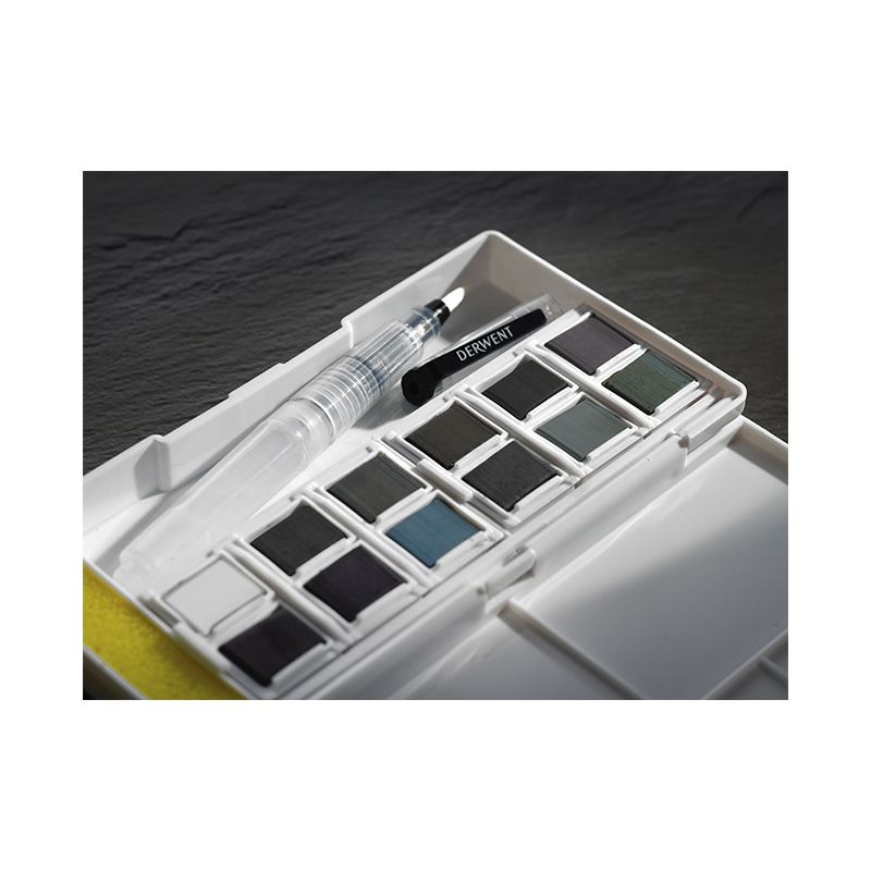 Derwent Tinted Charcoal Paint Pan Set, säiliösivellin ja 12 värinappia