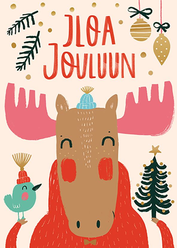 2-osainen joulukortti Mira Mallius - Hirvi ja lintu