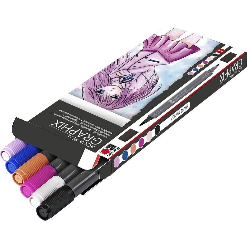 Marabu Graphix Aqua Pen 6 Make Manga, kaksipäinen akvarellitussi, sivellin ja fineliner